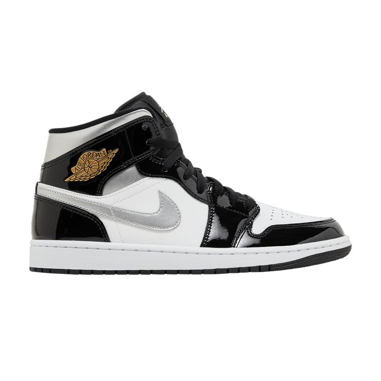 Jordan 1 Mid SE Patent Black White Metallic Silver Metallic Gold 44