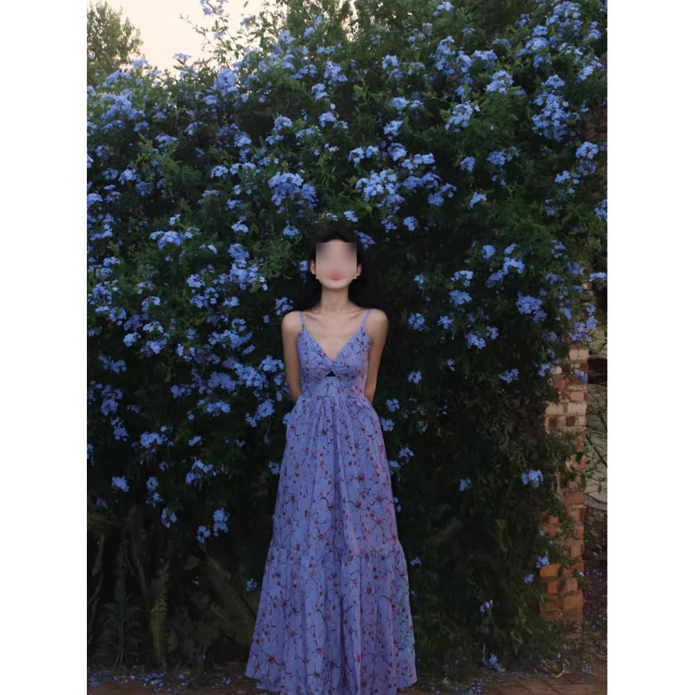 Blue floral slip dress women's summer casual temperament V-neck backless resort beach dress