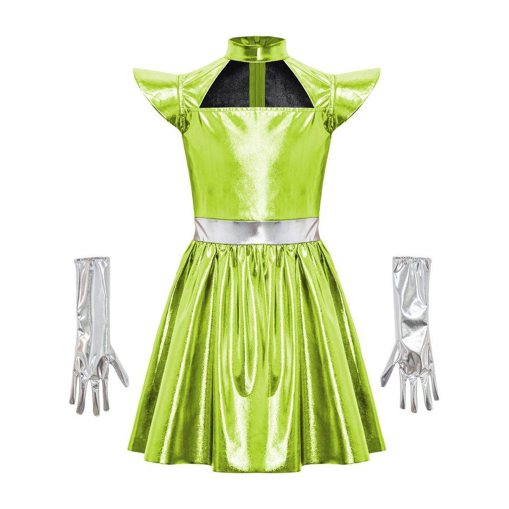 Girls Alien Cosplay Dress Metallic Hollow Out Flying Sleeve Back Zipper Ruffled Dress Gloves Robot Outfit