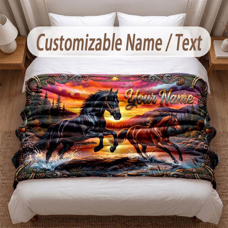 Horse Theme Soft Blanket Personalized Custom Name Text Print Warm Blanket Home Sofa Bedroom Decor