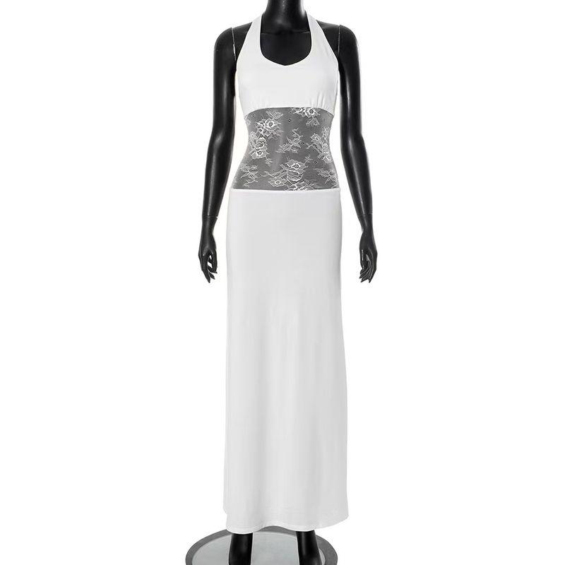 

Fashion Wind New Arrival Sexy Lace Stitching Halterneck Backless Dress Sexy Lace Backless Dress White L