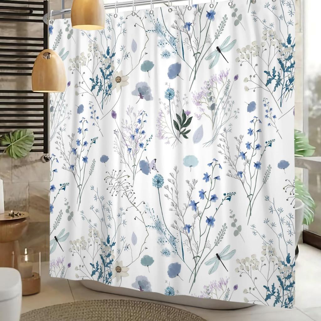 1Pc White Blue Floral Shower Curtain, Botanical Herb Wildflower Bouquet Dragonfly Waterproof Shower Curtain, Polyester Fabric