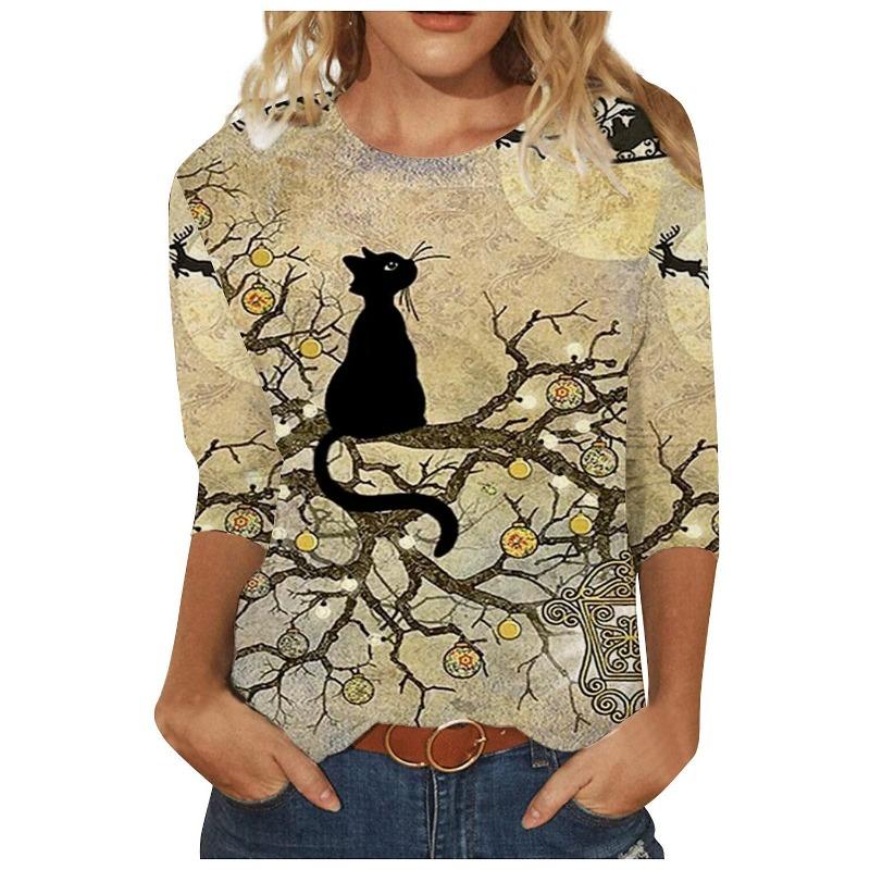 Round Neck 3D Cat Printed Top Casual Long Sleeved Women's T-shirts - Soft Medium Stretch Polyester Fabric Spring and Autumn Relaxed Fit Clothing