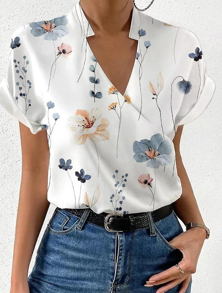 Women's Loose V-Neck Printed Blouse with Stand-up Collar Summer Bestseller