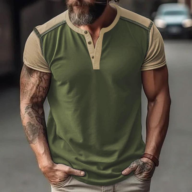 Men Casual Loose Color Block Short Sleeve Henley T Shirt