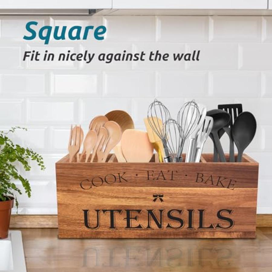 Extra Large Acacia Wood Utensil Holder with 4 Compartments for Kitchen Counter Rustic Farmhouse Caddy Organizer Natural Wood Co