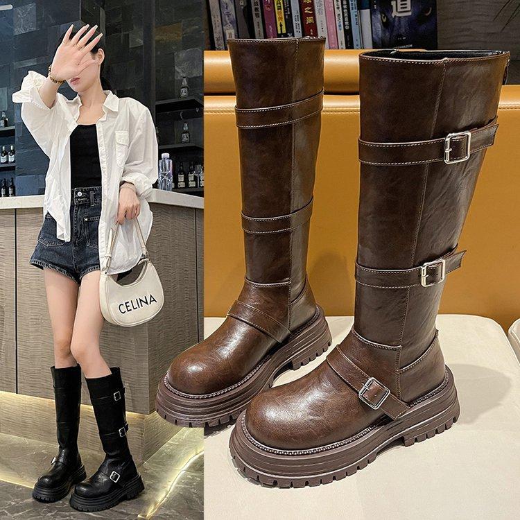 Black Retro British Style Thick Heel Platform Boots Women's 2025 Autumn and Winter New Boots Tall and Thin Knight Boots