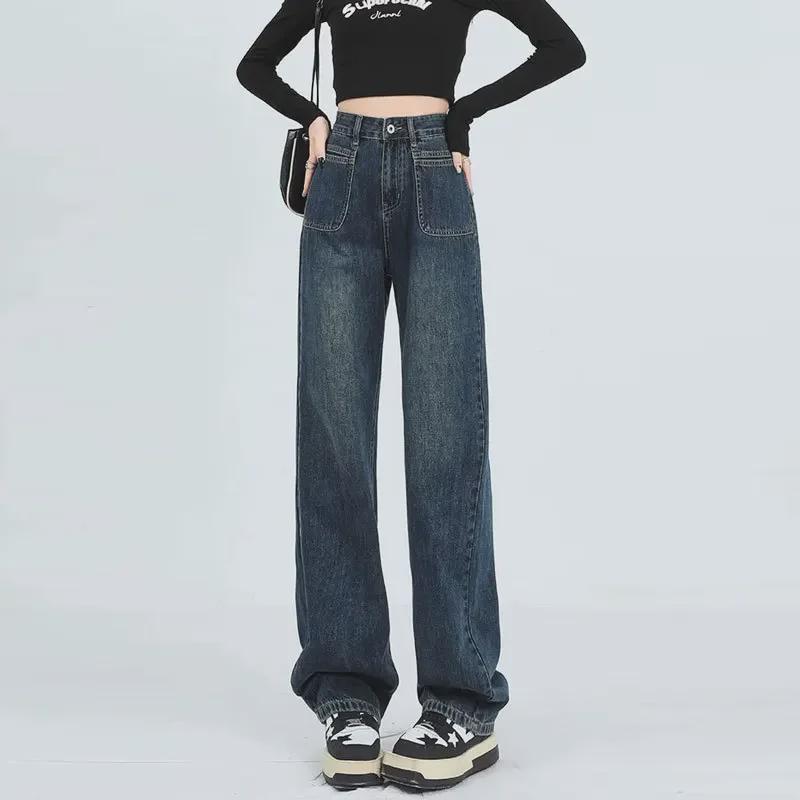 Women's Blue-Gray High Waist Wide-Leg Jeans - Casual Spring/Autumn Loose Fit