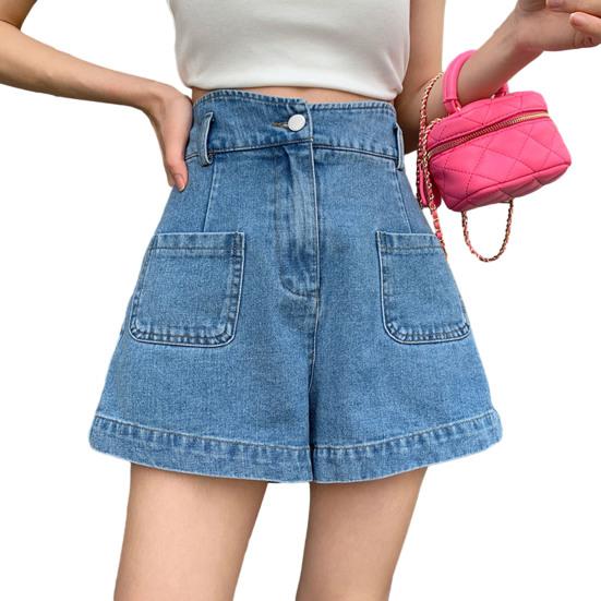 

Женские джинсовые шорты с высокой талией, эластичные свободные джинсовые шорты, повседневные широкие летние шорты с карманами M синий