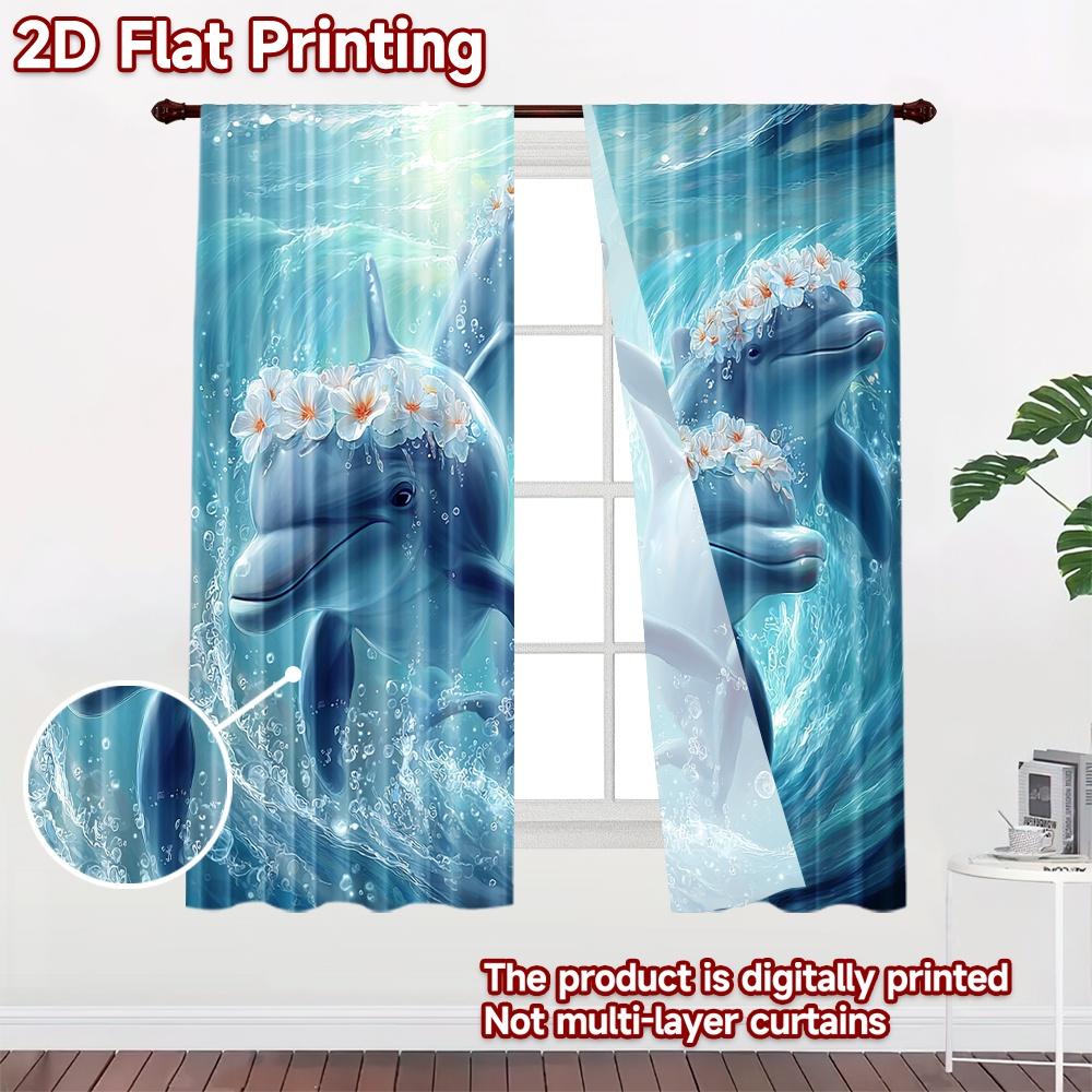 2D Flat Printing 2pcs Curtains Dolphins Playing In Ocean Waves Digital Printed Polyester Drapes All Season Party & Holiday Decor