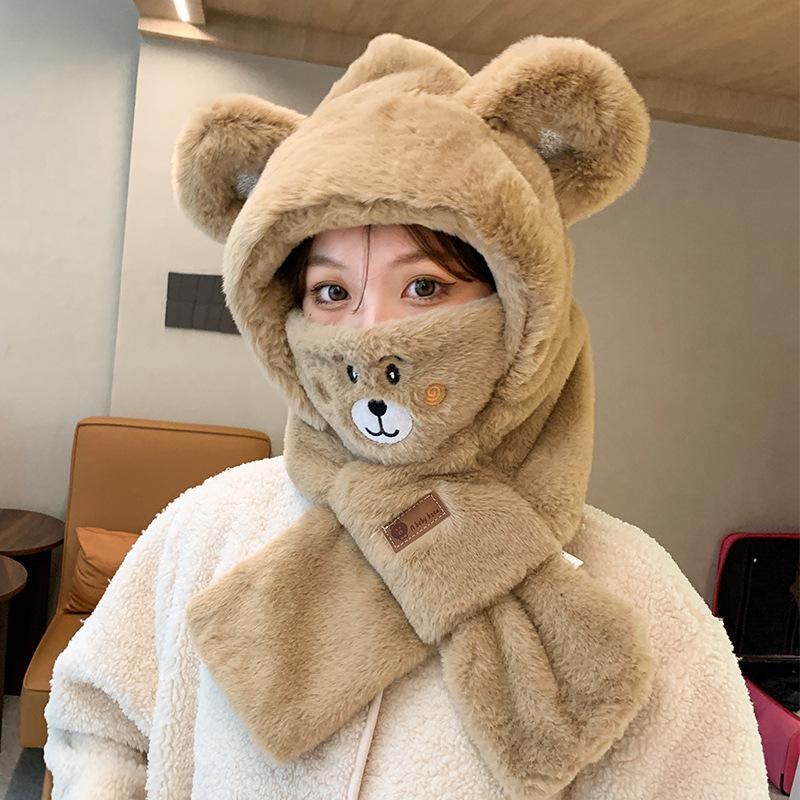 Winter bear ear-protecting hat and scarf combo for women, autumn and winter versatile cute hooded plush warm Korean style trendy