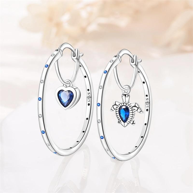 Double Hoop Earrings For Women 925 Silver Starry Moon Sea Star Turtle Pendants Ear Studs Earrings Fine Anniversary Jewelry Gifts