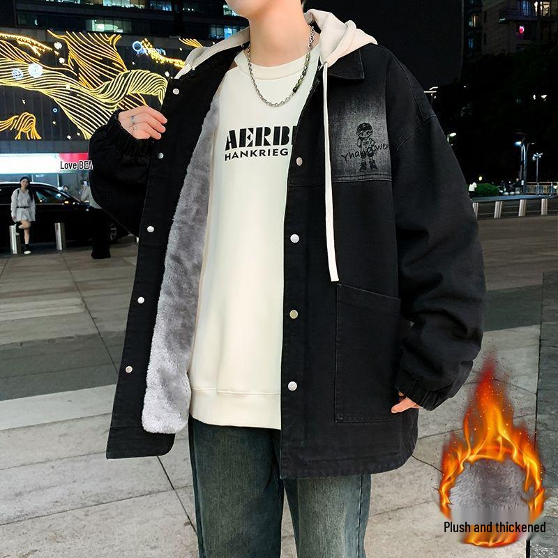 

Men s Trendy Versatile Hooded Denim Jacket, Fleece-Lined and Thickened for 2026 Spring/Winter. M 80-100 jin