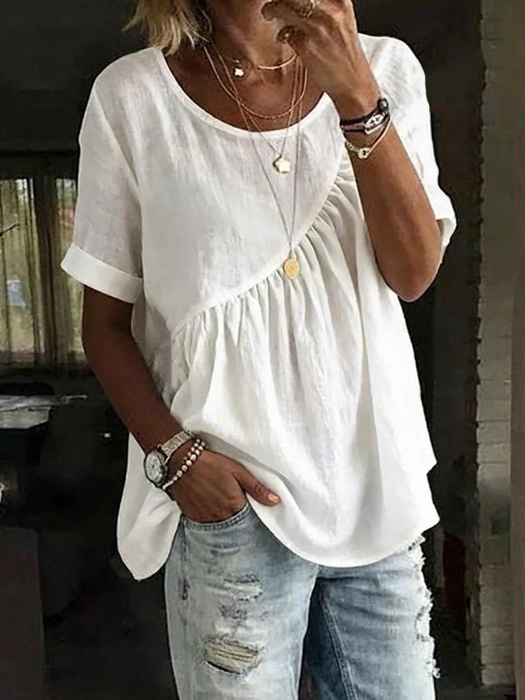 European and American new women s clothing, spring and summer solid color round neck short-sleeved pleated women s top T-shirt S белый