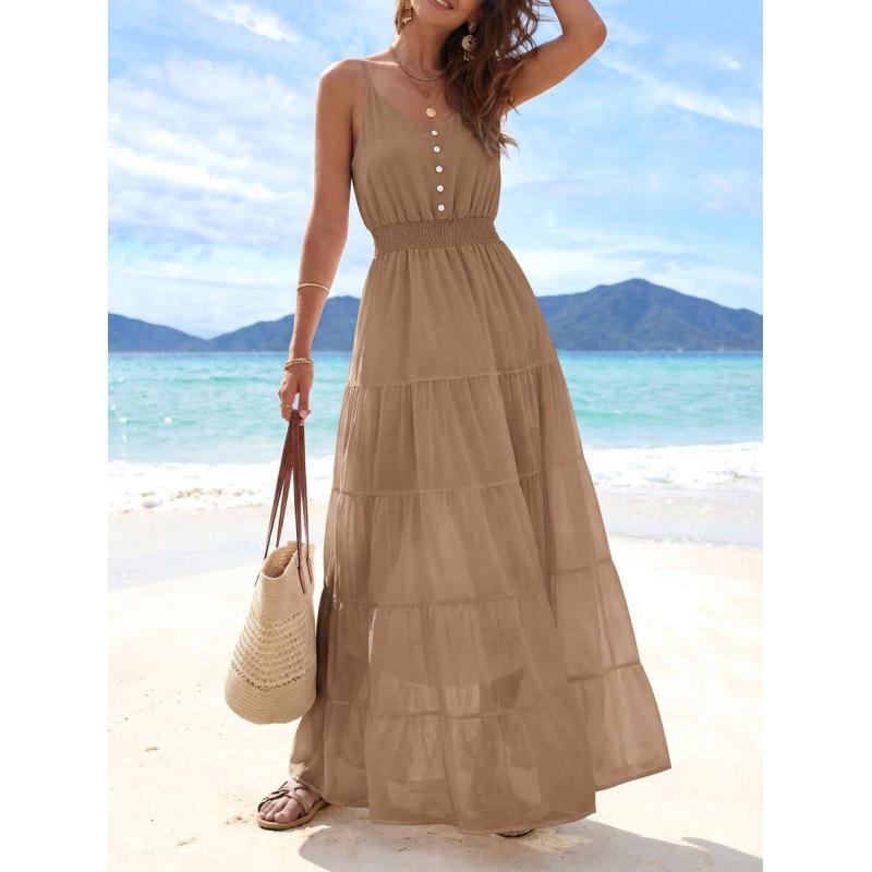 Europe, America 2026 Summer New Simple High Waist and Thin Casual Beach Vacation Suspender Dress
