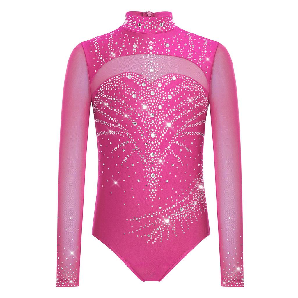 Mädchen Rollkragen Unitard Langarm Netz-Patchwork Glitzernde Strasssteine Rücken Unsichtbarer Reißverschluss Gymnastikbodysuit