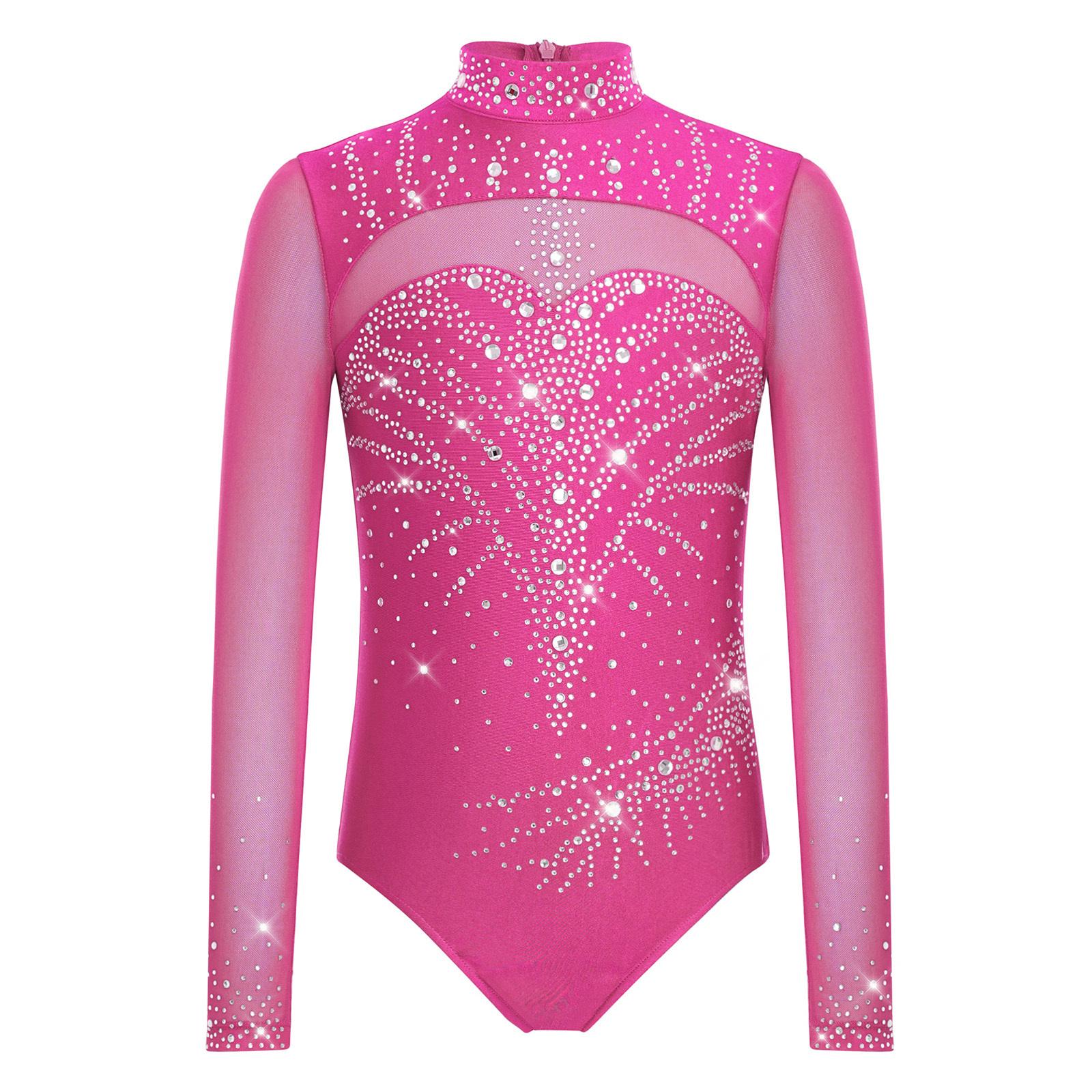 Mädchen Rollkragen Unitard Langarm Netz-Patchwork Glitzernde Strasssteine Rücken Unsichtbarer Reißverschluss Gymnastikbodysuit 9-10 Years heißes rosa