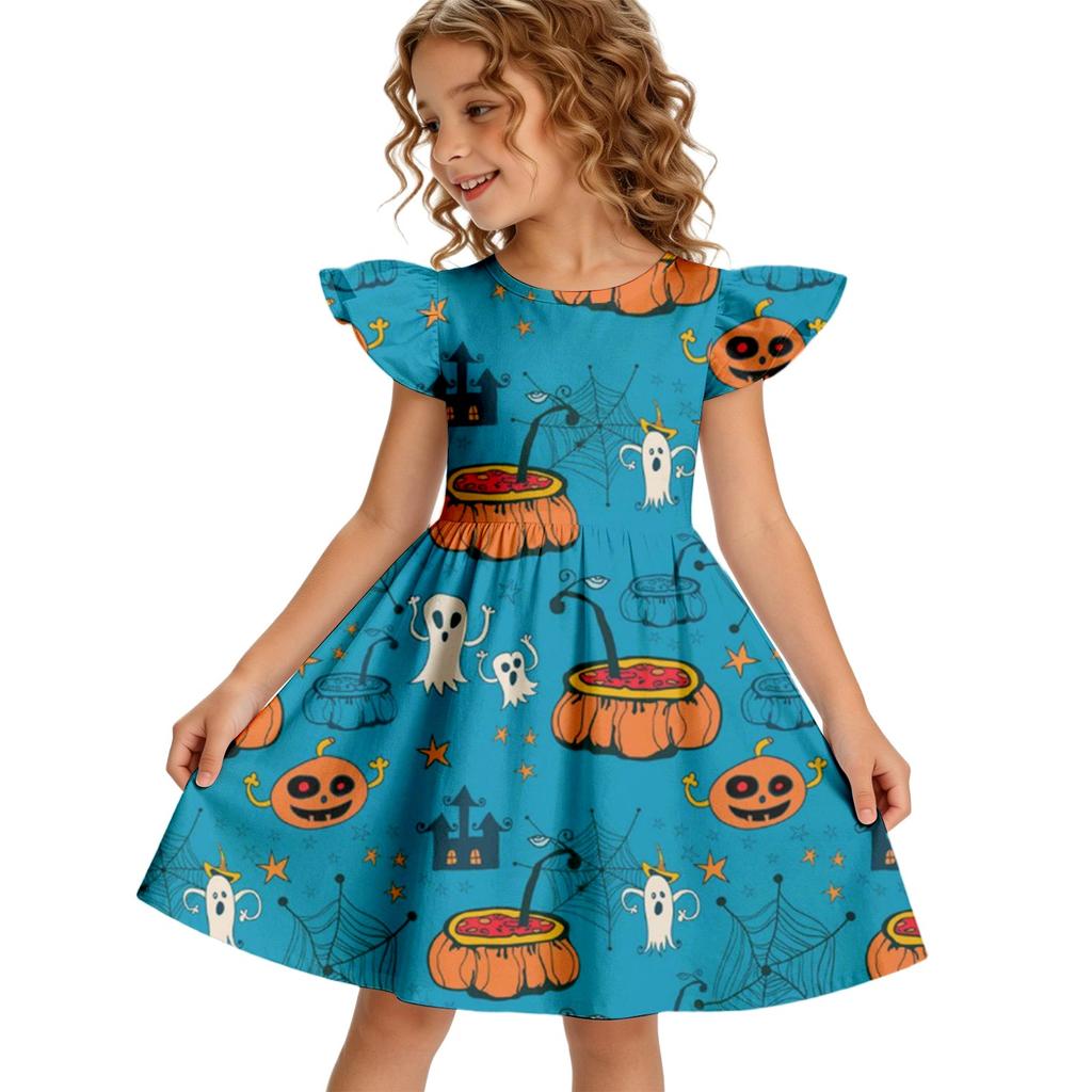 Girls Halloween Casual Dress Ruffle Sleeve Pumpkin Print Round Neck Cotton Dress for Kids Comfortable Fit Toddler Party Dress