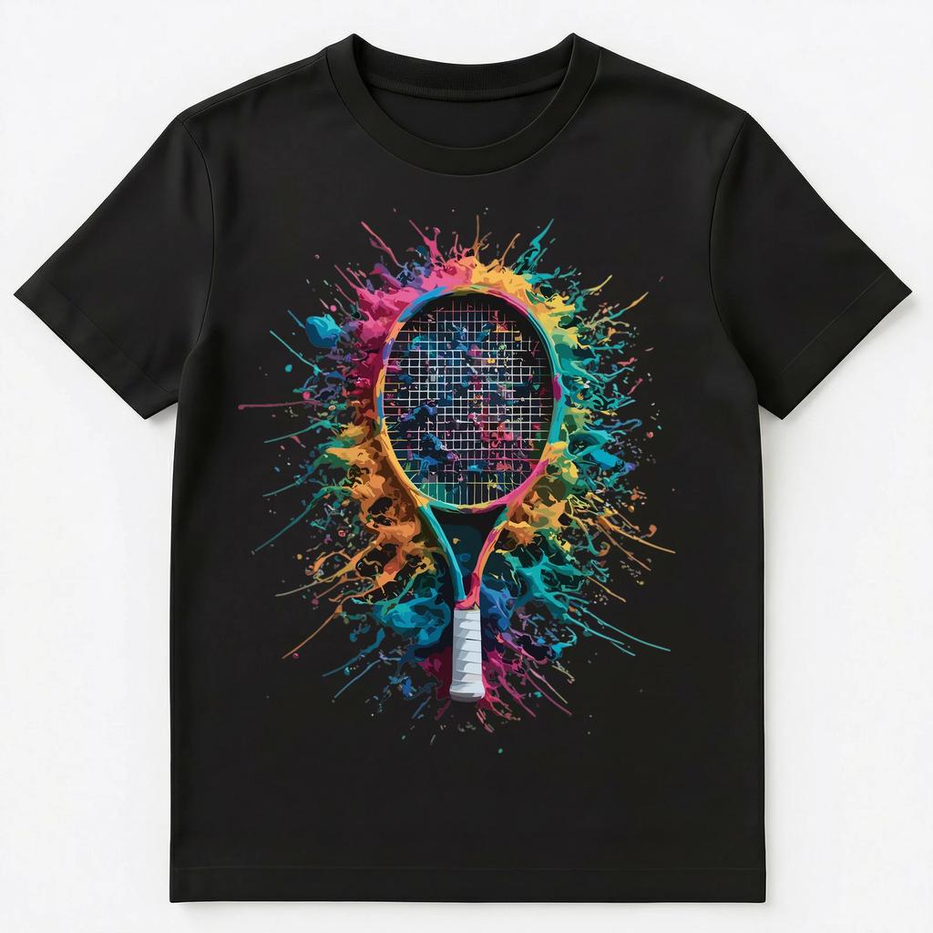 Colorful Paint Splash Tennis Racket Art Graphic Unisex T-Shirt