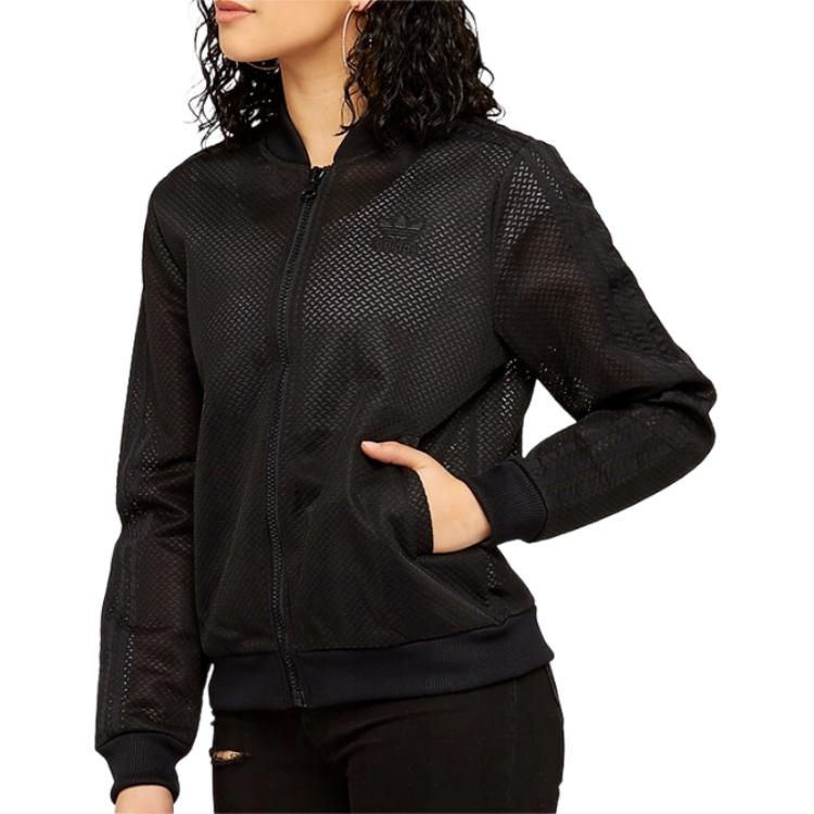 Adidas Originals Solid Color Letter Logo Print Woven Mesh Stand Collar Jacket Women jackets Black CV5798