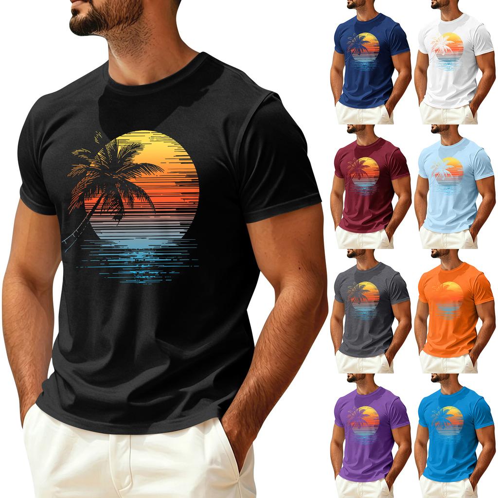Men Summer Hawaiian Print Crew Neck Ice Silk Top Casual Sun Quick Dry Short Sleeve Shirt for Outdoor Sports