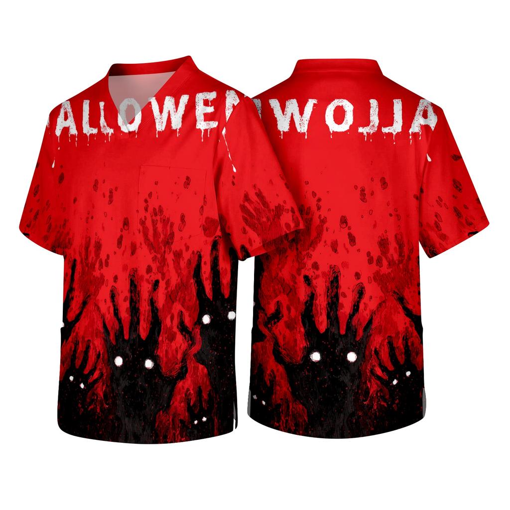 Men Short Sleeve V Neck Halloween Print Chest Pocket Scrub Top Comfortable Fit Durable Material Fun Design