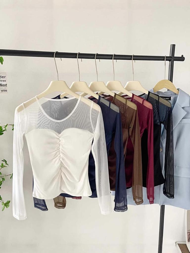 2026 Spring/Summer Women's Slim Mesh Layer Round Neck Long Sleeve Top