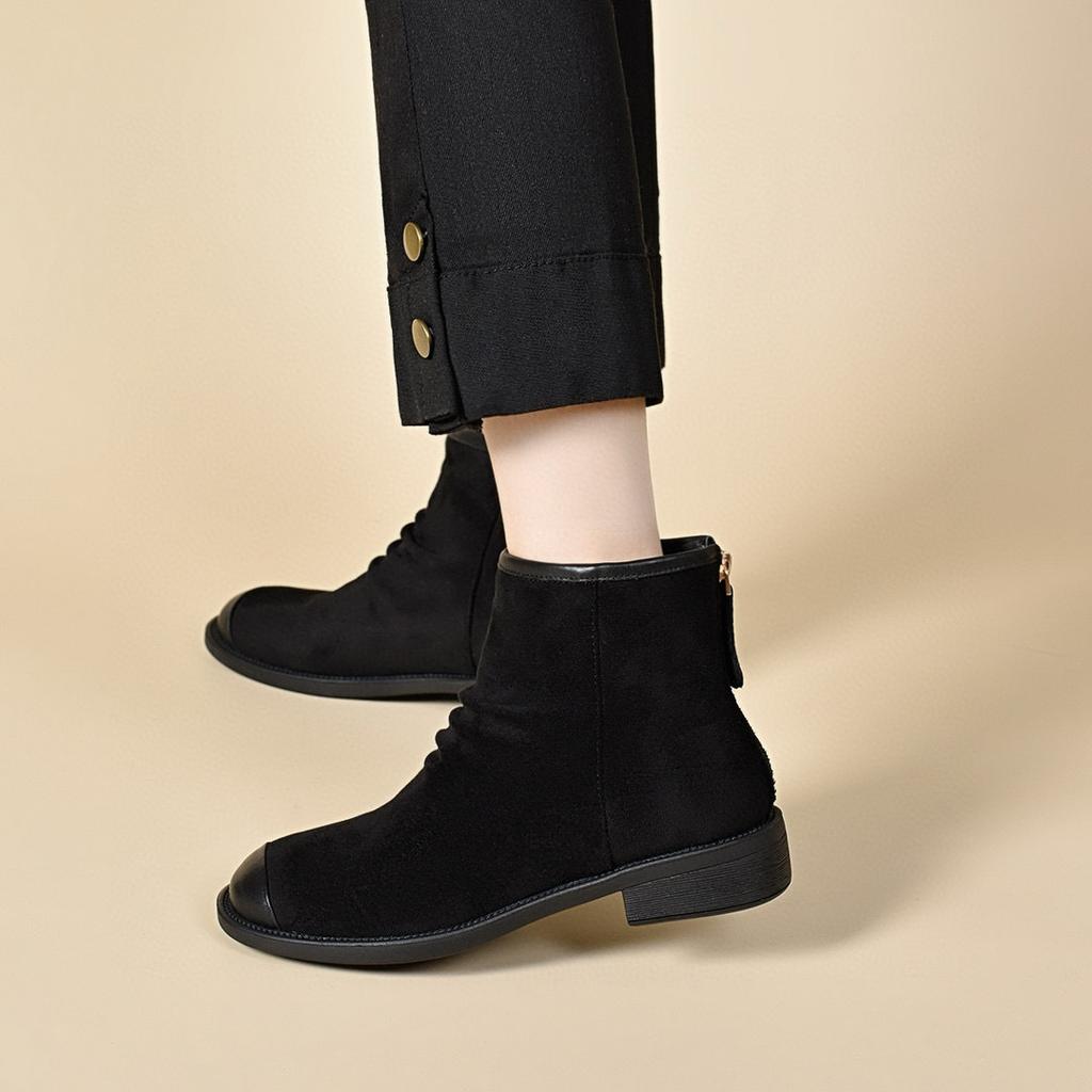 Round Head Short Boots Women's 2025 Autumn and Winter New Round Head Casual Short Boots Rear Zipper Cotton Boots Chelsea Boots Women's Leather Boots
