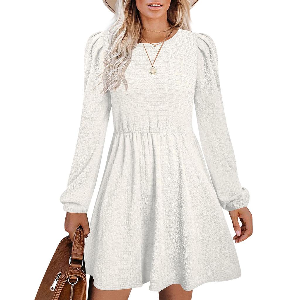 Womens Puff Long Sleeve High Waist  Casual Knit Crewneck Knee Length Dresses