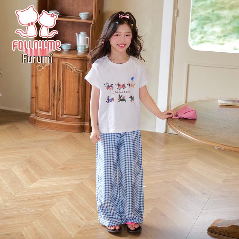 Girls' Summer Cartoon Print Short Sleeve & Plaid Wide-Leg Pants Set
