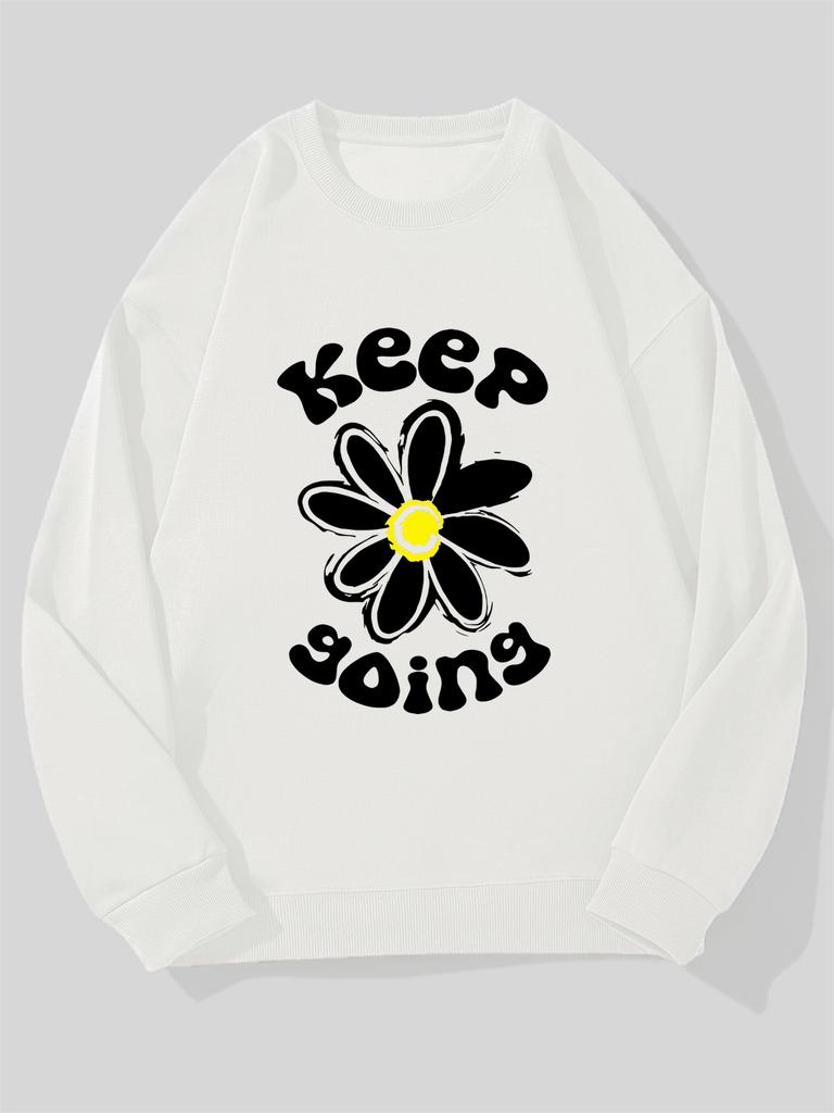 Men's Keep Going Daisy Print Casual Crew Neck Sweatshirt, Casual Sporty Pullove, Simple and Elegant, Smooth, Soft, Sweat-Absorbent, Comfortable,