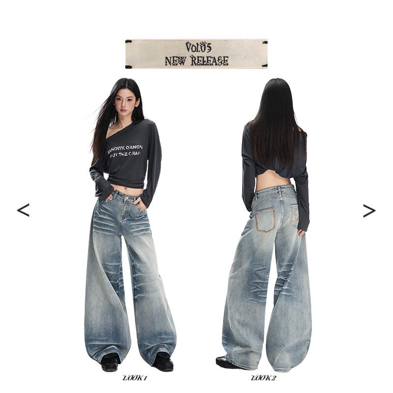 Women's Retro Blue Wide-Leg Jeans: Low-Rise, Loose, Straight, Floor-Length, Slimming Design for Autumn 2025