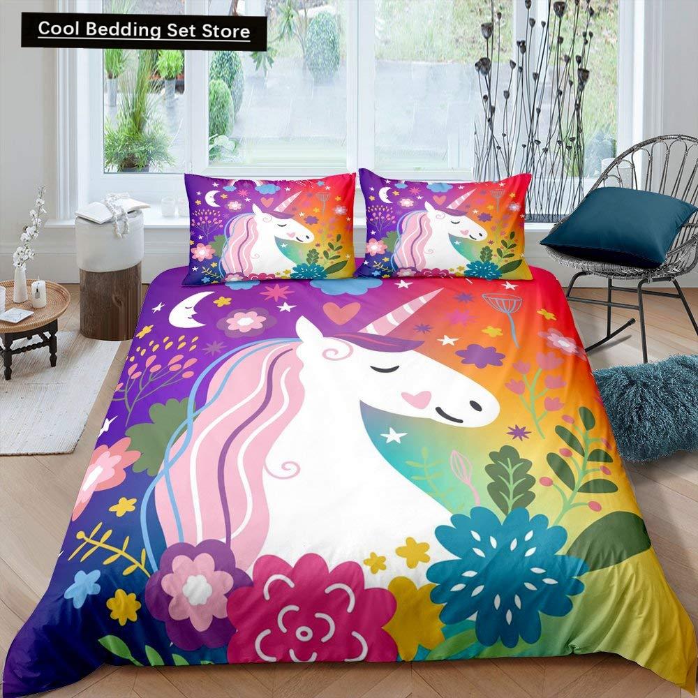 Kids Unicorn Stars King Queen Duvet Cover Cartoon Magic Animal Bedding Set Rainbow Shiny Quilt Cover Polyester Comforter Cover