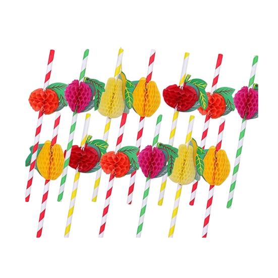 Honeycomb Fruit Paper Straws, Tropical Pineapple Orange Decor Straws for Summer Party, Disposable Drink Straws for Juice