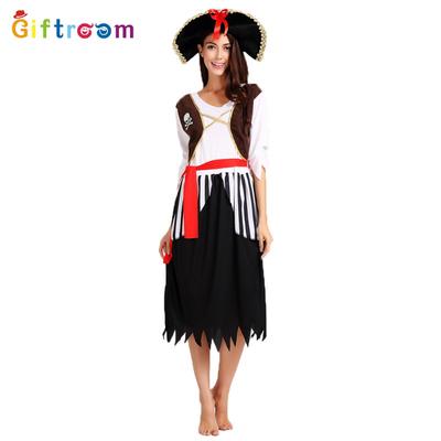 Halloween Orgie Party Cosplay Pirát Sexy Uniforma Svedení Dospělá Žena Černé Dlouhé Šaty Pirátská Uniforma s Vousy