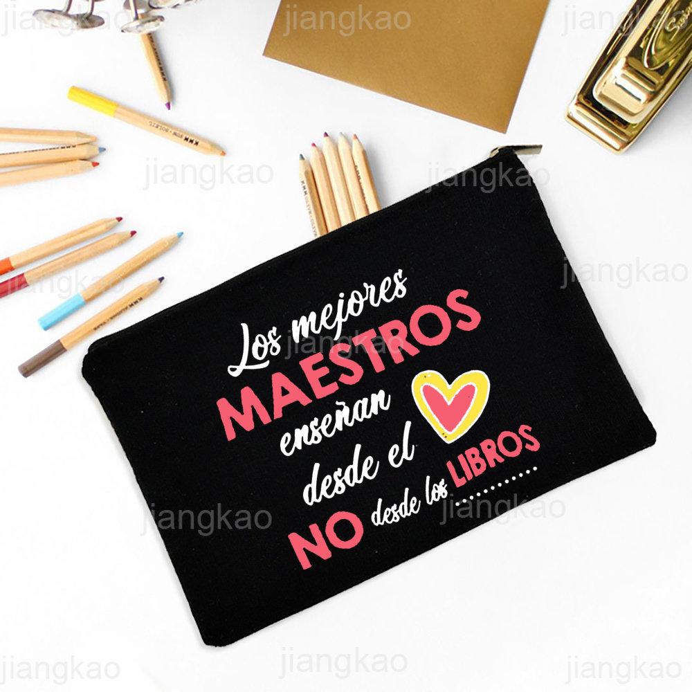 Best Teacher In The Word Spanish Print Pencil Bag School Stationery Supplies Storage Bags Travel Makeup Bag Toiletry Pouch Gifts