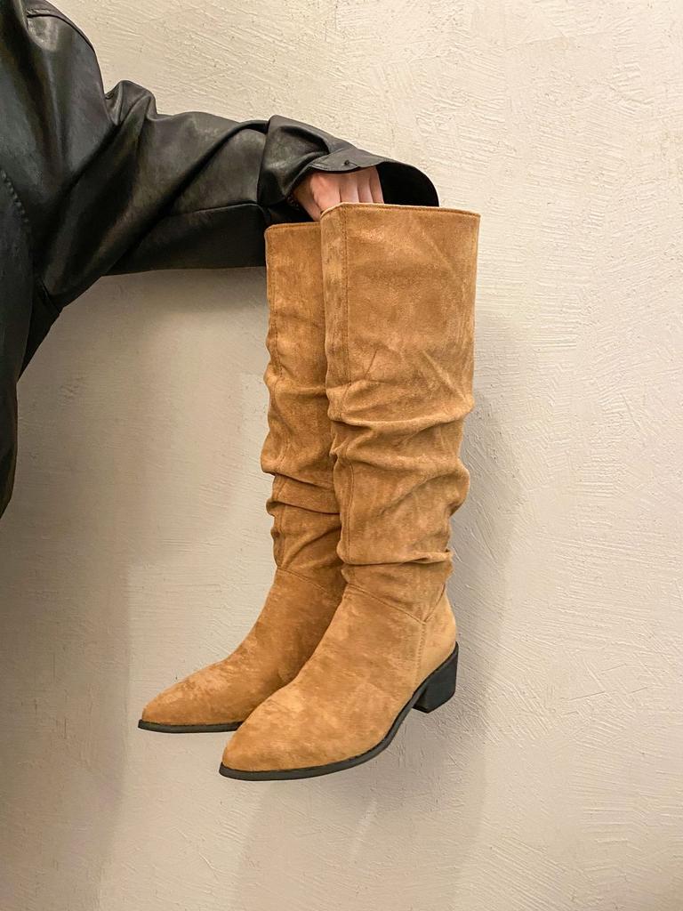 Popular Pile 2025 New Boots Spring and Autumn Boots Retro But Knee Women's Thick Heel Heel Heightening Knight Boots Look Thin