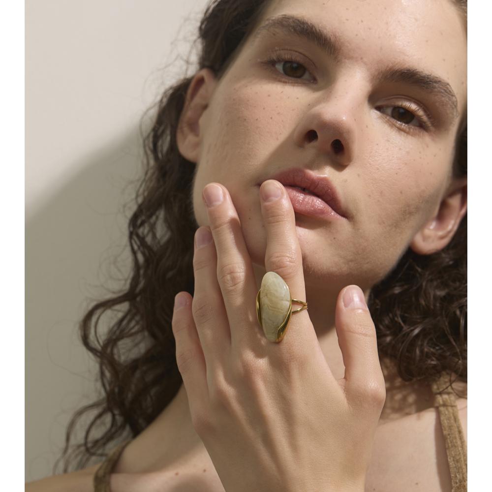 Yhpup Nuevo Diseño Marrón Verde Beige Resina Geométrica Anillo Ajustable Acero Inoxidable PVD Dorado Resistente a la Corrosión Joyería para Dedos Regalo