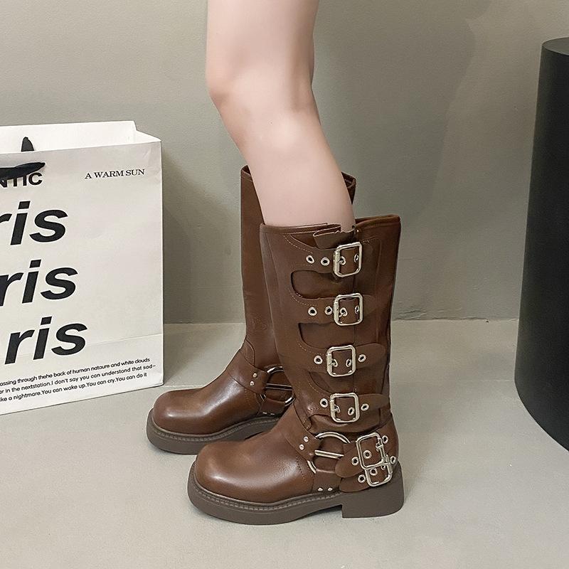 Brown Martin Boots Women's 2025 New Retro Small Boots Western Leather Shoes with Skirt Belt Buckle Knight Boots