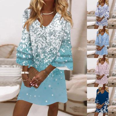 Women's Fashion Temperament Elegant Fresh Printed V-Neck 3/4 Sleeves  Dress