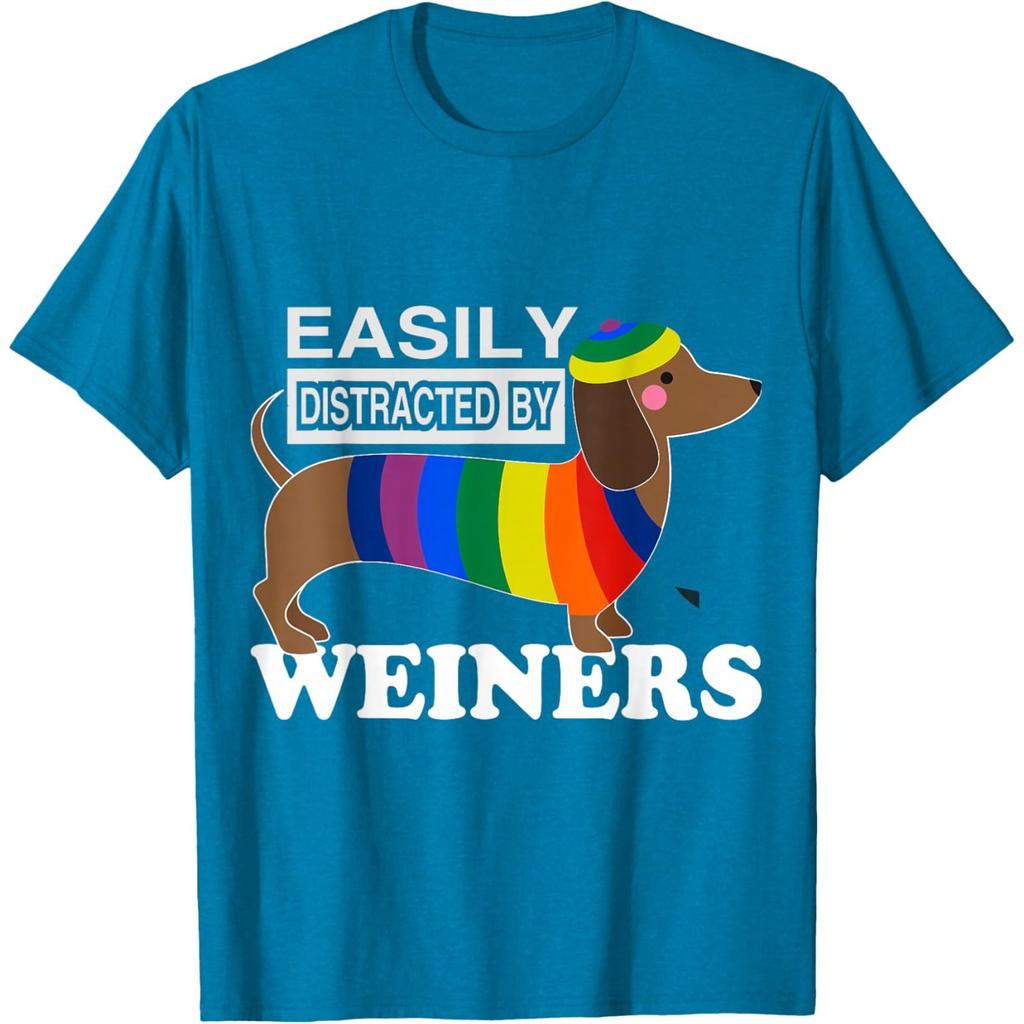 Easily Distracted By Weiners Dachshund Rainbow Print Graphic Tee Casual Cotton T-Shirt