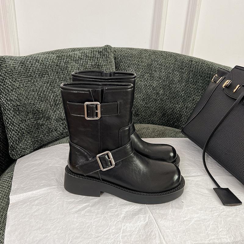 Cowhide~ Maillard Boots Retro Leather Medium Boots Women's Belt Buckle Short Boots Thick-soled Martin Boots Thin Boots