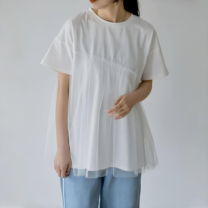 Good Fabric Japanese Summer Top Women's Simple Casual Mesh Splicing Short Sleeved Round Neck Pullover T-shirt