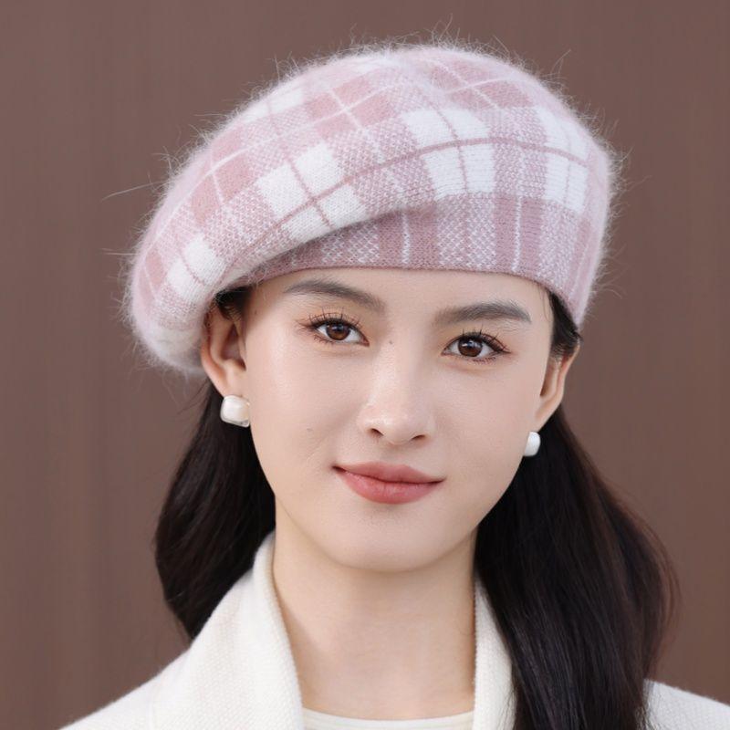Autumn and Winter Plaid New Retro Bud Painter Hat Warm Rabbit Fur Fashion Casual Versatile Wool Hat Beret