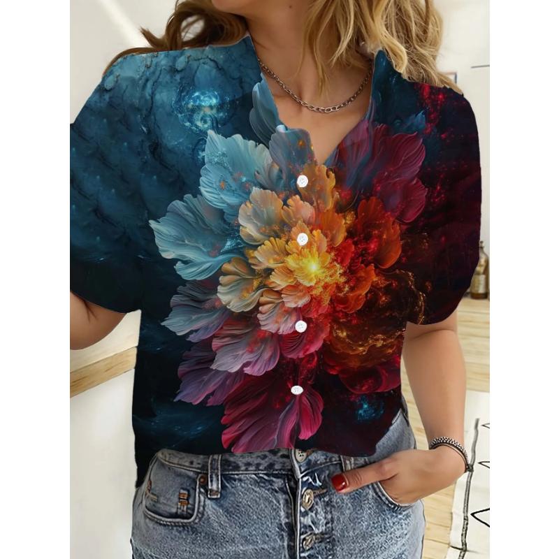Hawaiian Womens Shirts Short Sleeve Button Floral Rose Printed Tops Casual Beach Shirts Summer New Sunflower Blouse Women's Tops