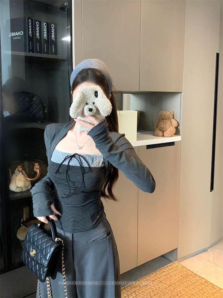 Women's Polka Dot Long Sleeve Square Neck T-shirt with Korean-Style Butterfly Tie - Slimming Autumn Winter Base Layer Top