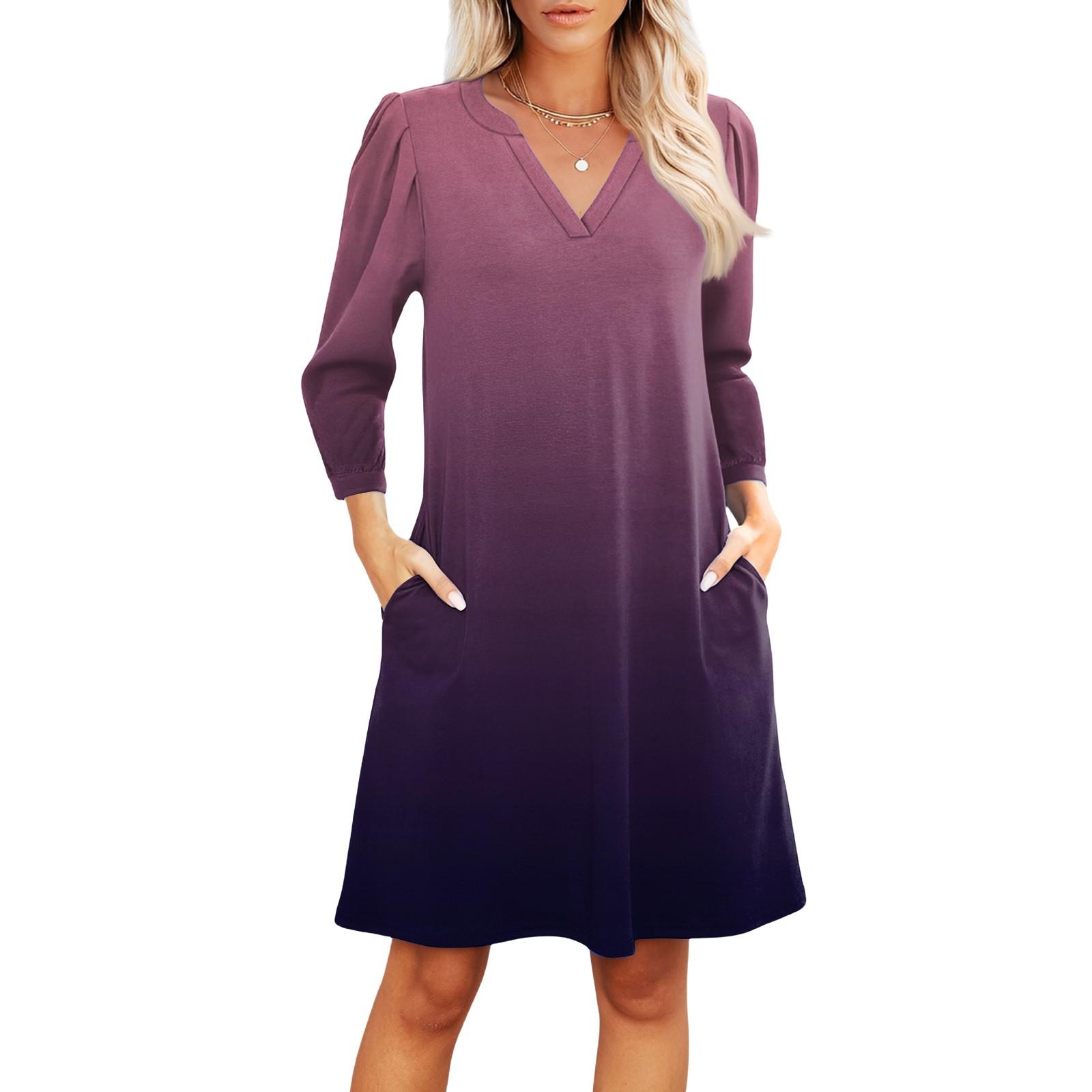 

Women s Fashion V-neck Casual Beach Dress Three-quarter Sleeves Gradient Print Dress L фіолетовий