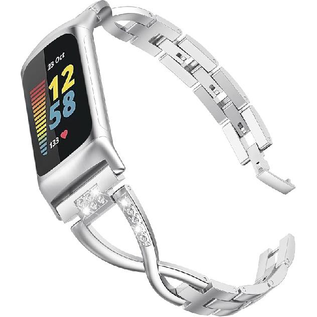 Wearlizer Compatible with Fitbit Fitbit Charge 6/Charge 5 Bands for Women Metal Replacement Cute Band Strap with Bling Rhinestone Bracelet Bangle for