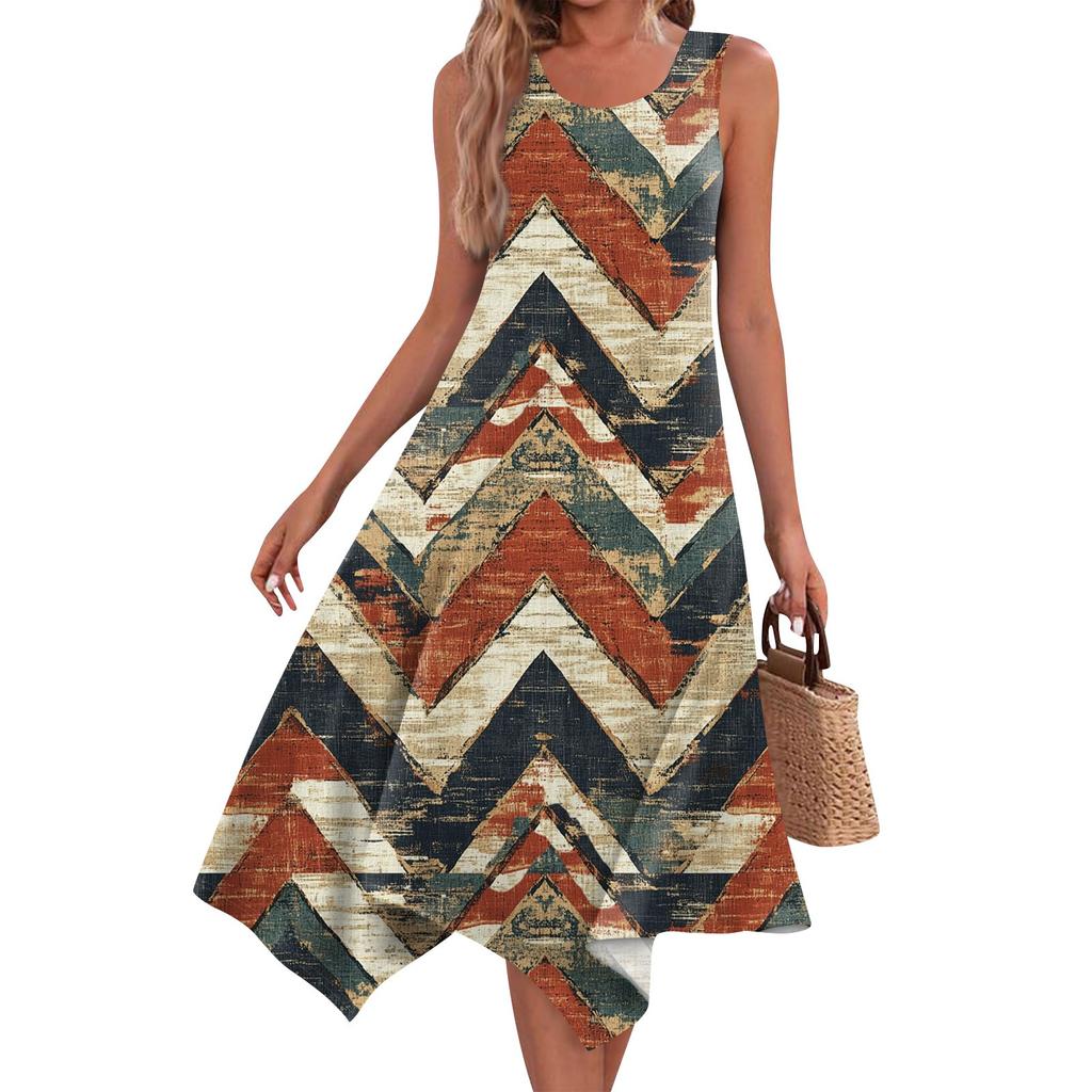 Women's Casual Fashion Round Neck Sleeveless Print Irregular Hem Midi Dress Hem Midi Dress