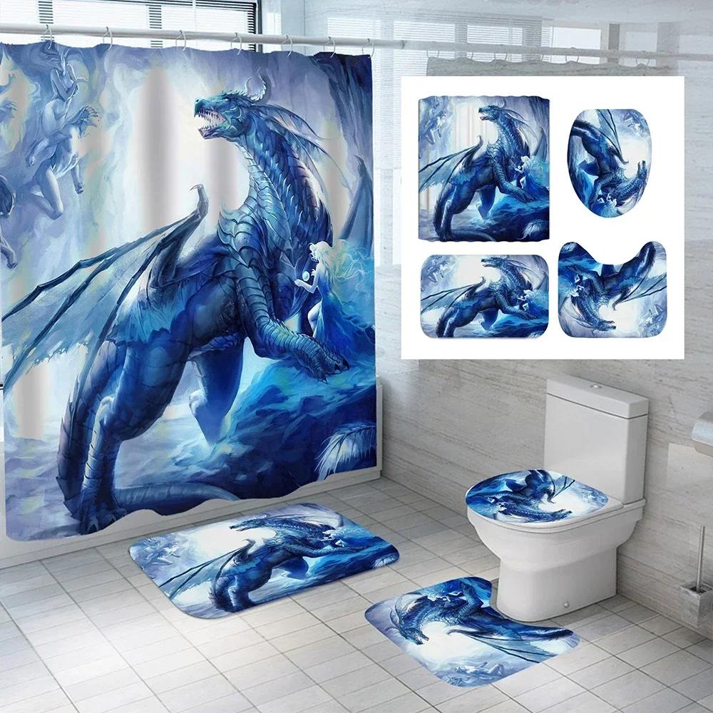 

Flying Dragon Printed Waterproof Shower Curtain Set Toilet Cover Mat Non-Slip Bath Rugs Bathroom W60H190(CM)-1 Pcs